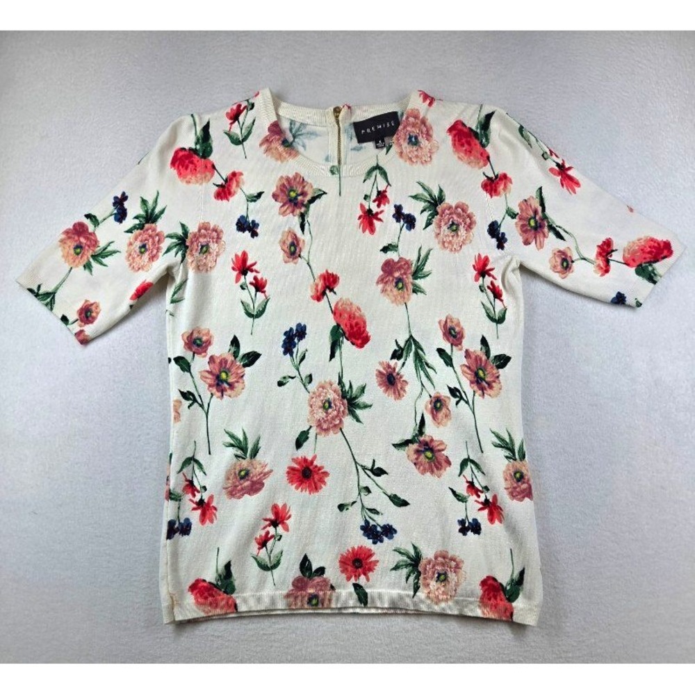 Premise Women Floral Short Sleeve Knit Sweater Cream Pink Gold Back Zip Small